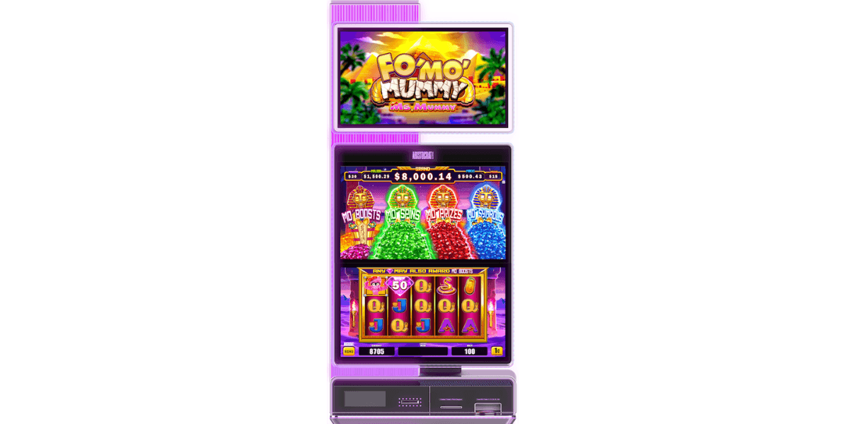 The Fo Mo Mummy slot machine on a Baron Upright Cabinet.