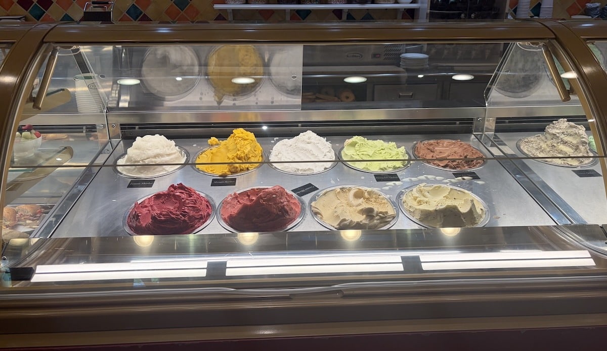 A display case featuring multiple flavors of gelato at Café Gelato inside Bellagio Las Vegas.