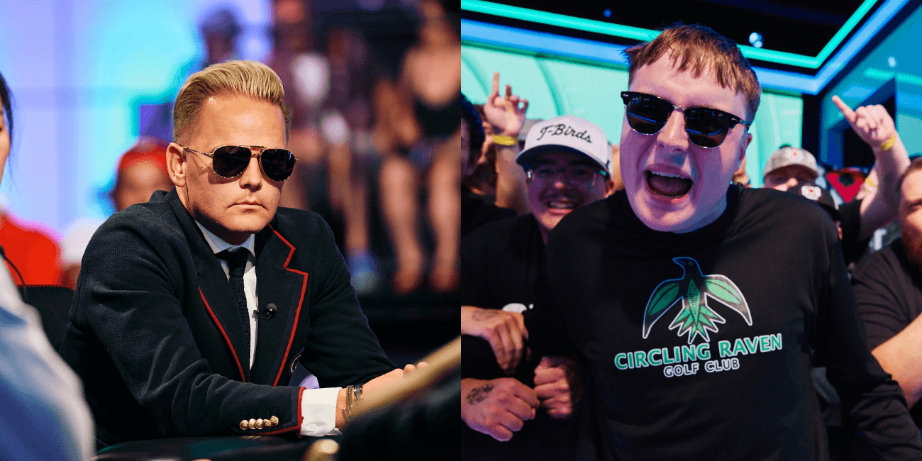 2026 WSOP Main Event finalists Lauri Saaskilahti of Finland (left) and Lucas Jumalon of the United States (right), pictured wearing sunglasses before the World Series of Poker championship match in Las Vegas. Saaskilahti is wearing a red and black suit and is sitting at a poker table. Jumalon is wearing a shirt that reads Circling Raven Golf Club in black and green, and is enthusiastically looking at the camera with his mouth open with excited fans behind him.