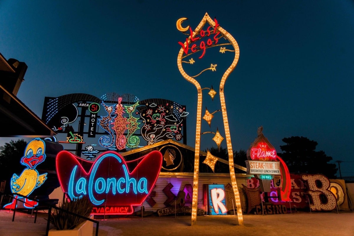 The Neon Boneyard at the Neon Museum with many neon casino signs including the sign for La Concha