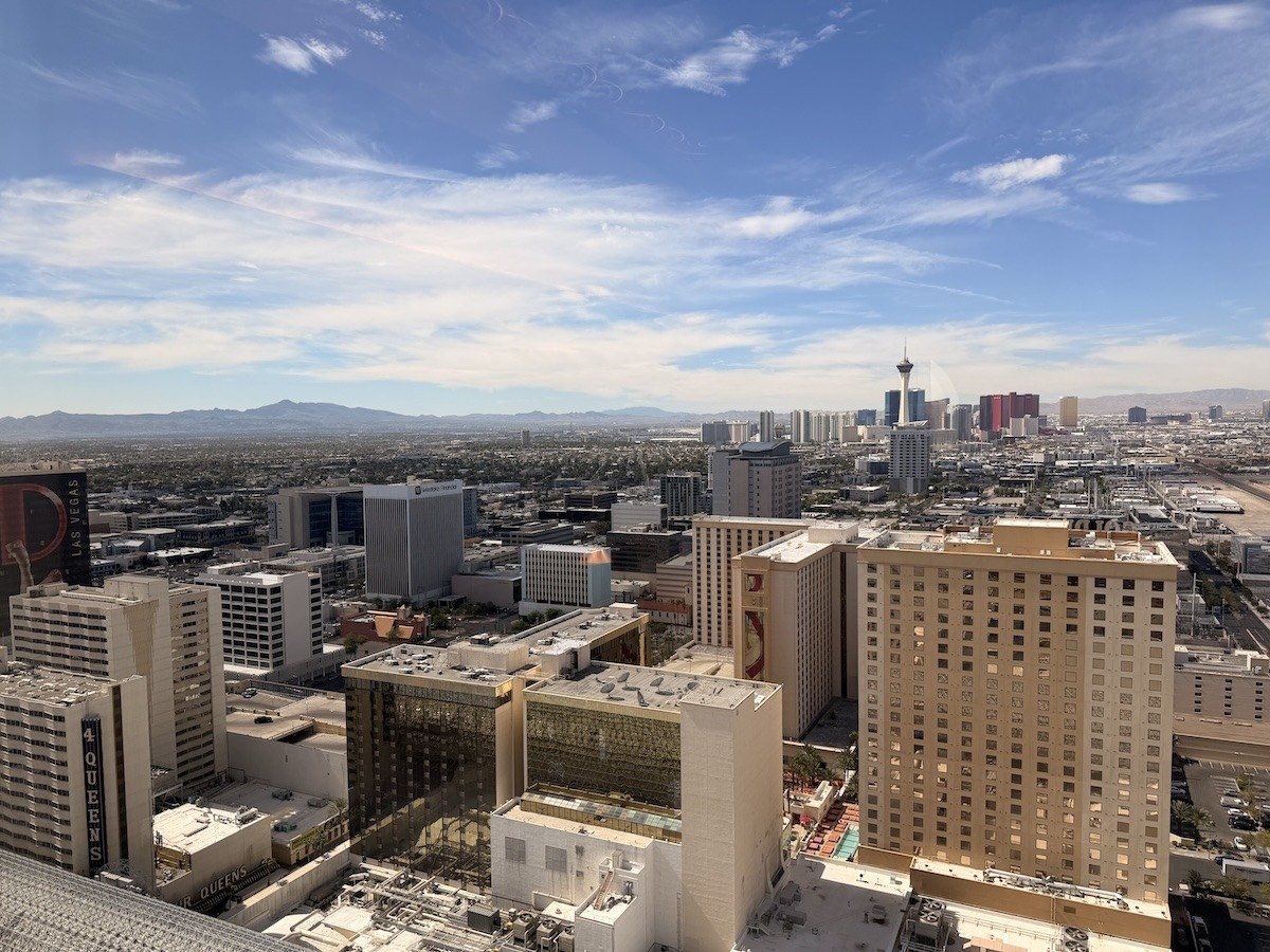 A view of downtown Las Vegas and the Strip during the daytime from a room on the Platinum Floor at Circa.