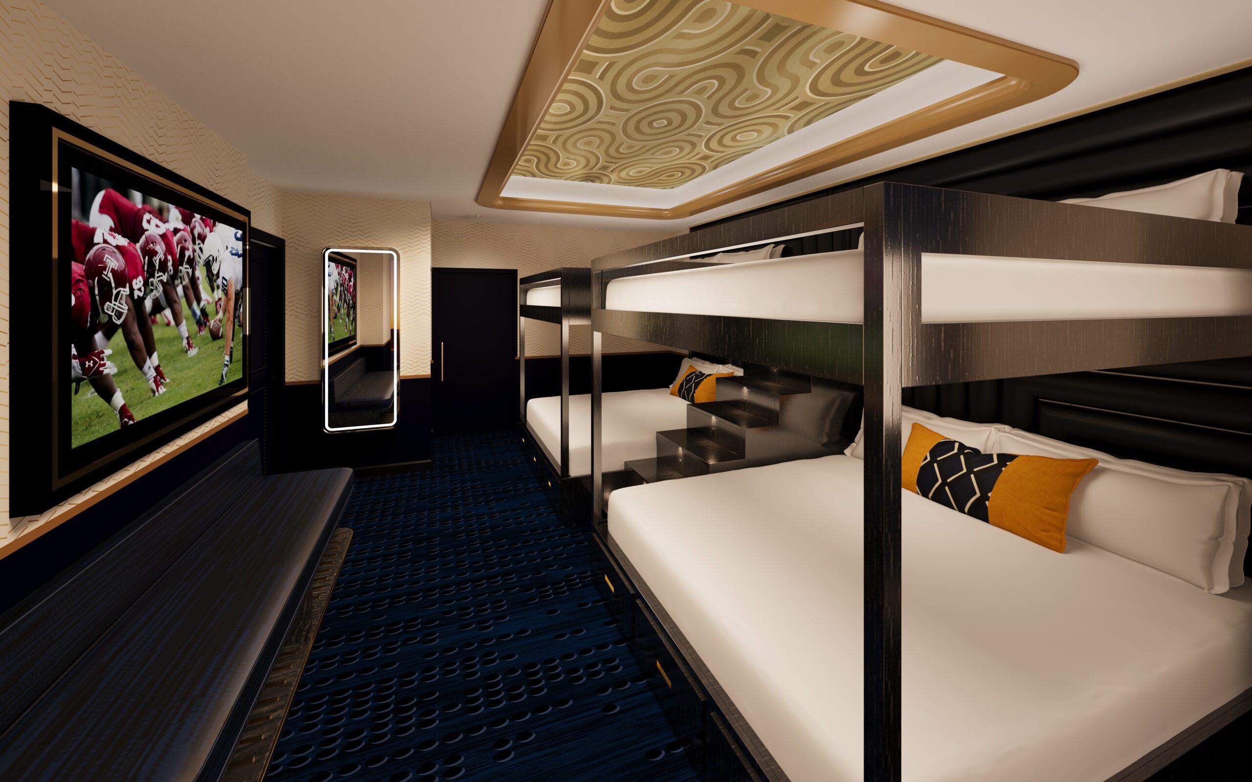 A Founder's Entourage Suite with king-size bunk beds on the Platinum Floor inside Circa Hotel and Casino. The beds have white blankets and blue/ yellow accent pillows with a large TV on the left side and a gold design on the white ceiling.
