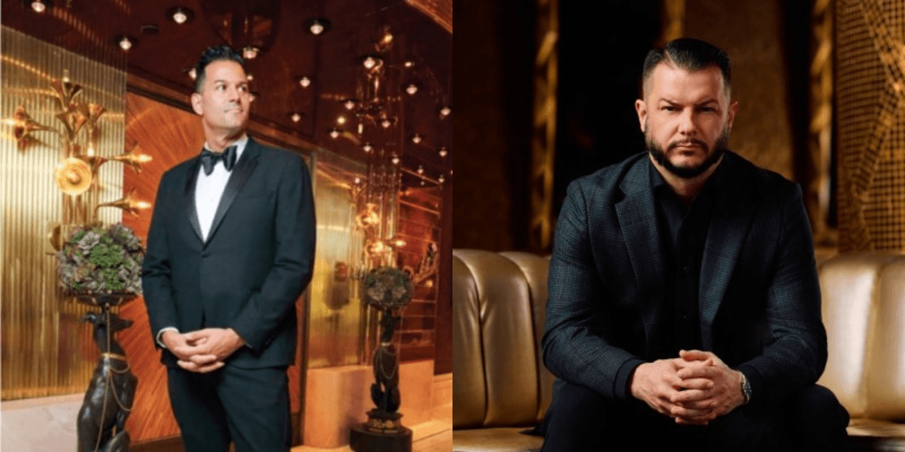 Photo on the left shows Wynn VP of Nightlife Adam Norosky in a suit in front of a gold lobby area looking off the side, photo on right is of Ryan Jones former Wynn Nightlife VP with a stern expression sitting down at a gold booth.