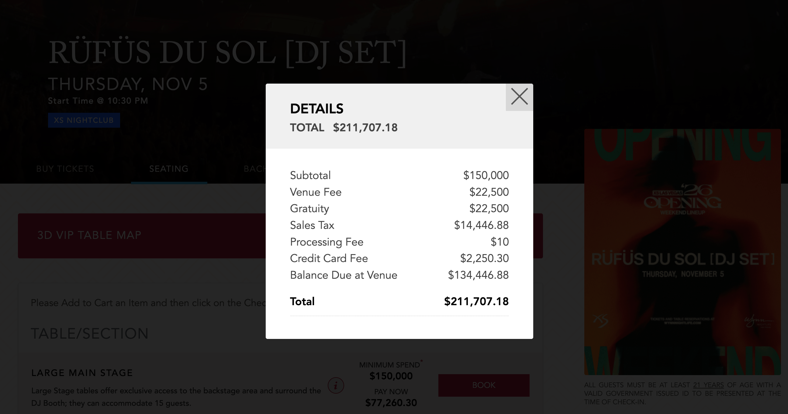 a screenshot from the Wynn Social/Nightlife website of VIP table prices to see RÜFÜS DU SOL for an onstage table for a total of $211,707.18 with a breakdown of fees, gratuity and taxes
