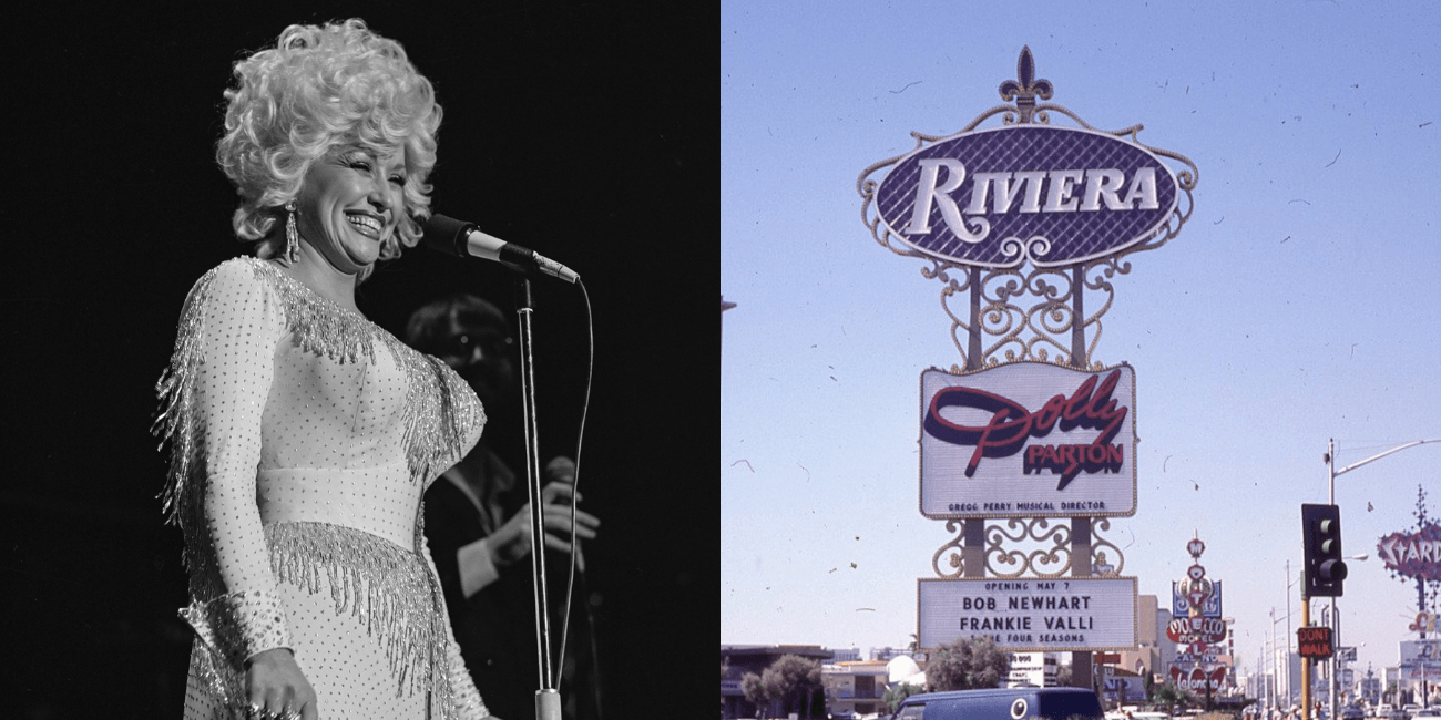 Photo on the left shows Dolly Parton performing at the Riviera Casino in las Vegas in the 1980s, photo on the right is the Riviera with a sign that says Dolly Parton