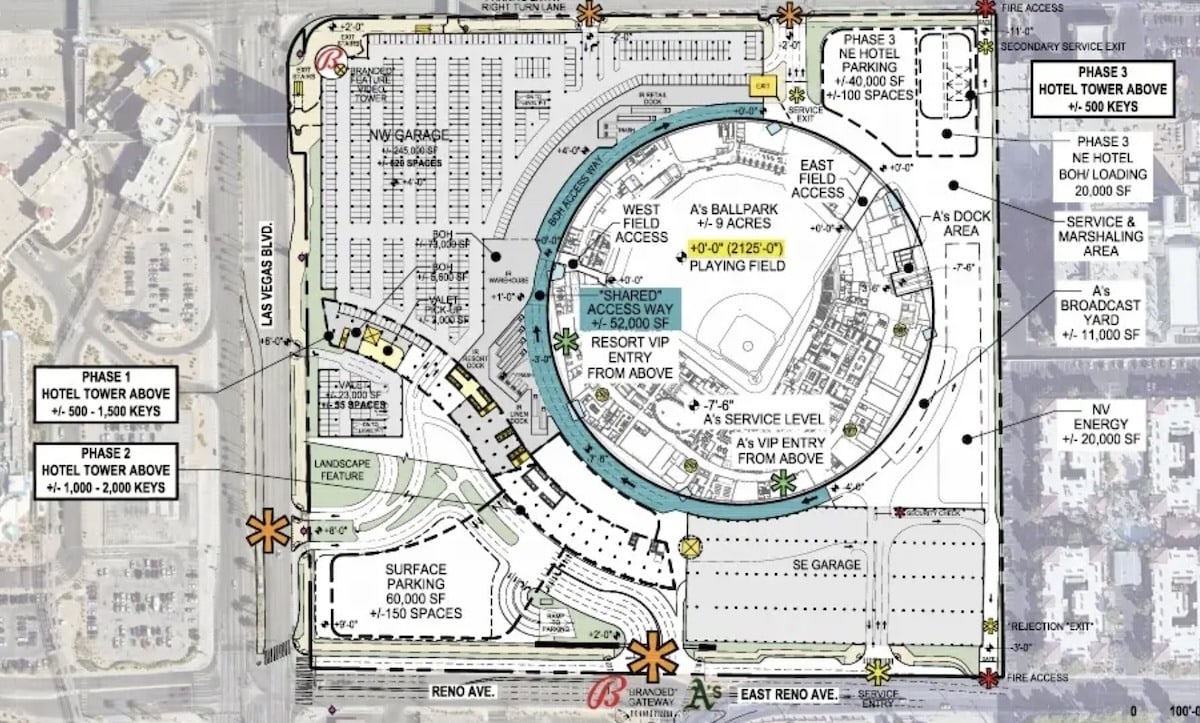 A site plan that shows the plans for the hotel tower and garage and ballpark for the A's stadium and Bally's complex in Las Vegas
