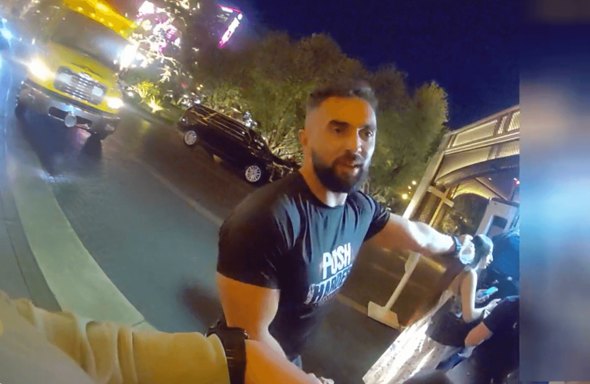 karen harutyunyan, husband of arpine misakyan, stands at encore las vegas valet area speaking to police office from lvmpd on body camera footage
