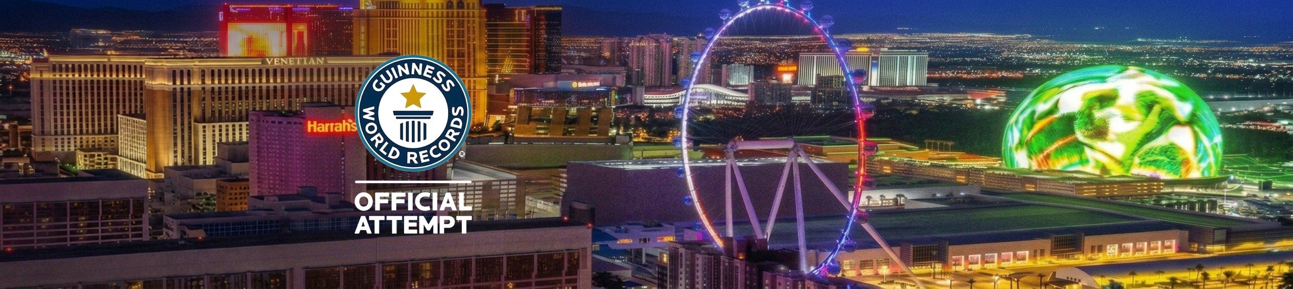 Las Vegas skyline at night with the World Records official attempt seal and Official Attempt wordmark