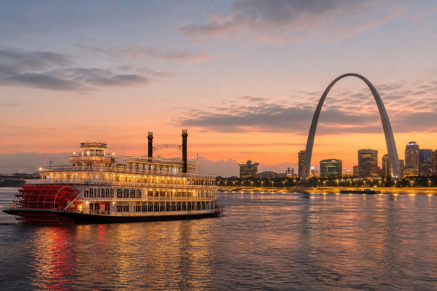 Riverboat casino on the Mississippi River with the Gateway Arch in the background