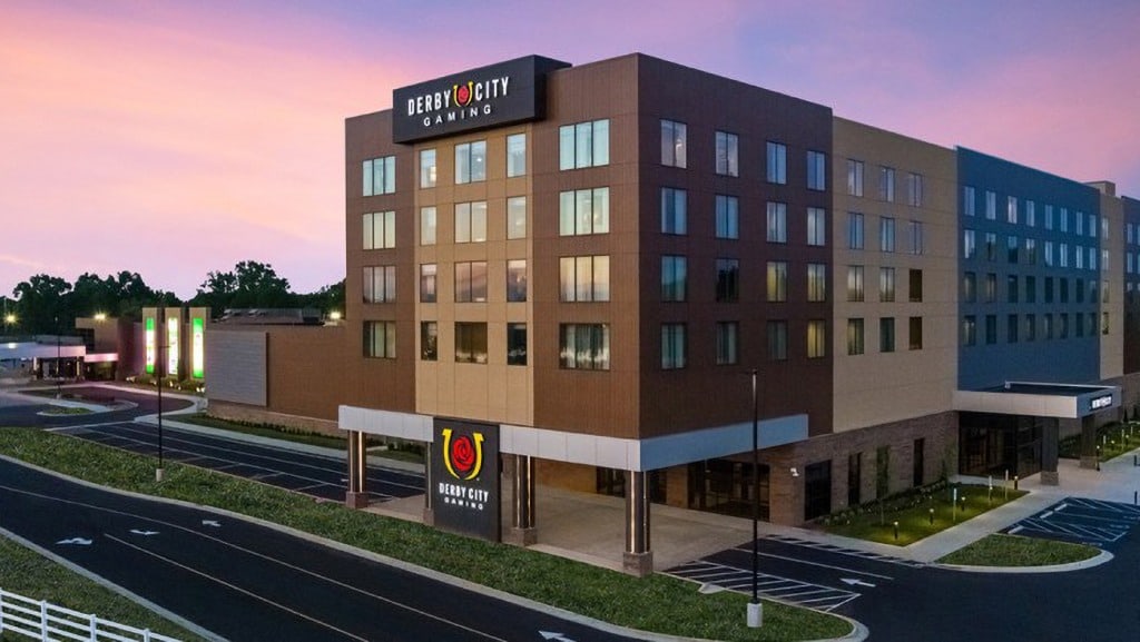 Derby City Gaming hotel and casino building exterior at dusk in Louisville Kentucky
