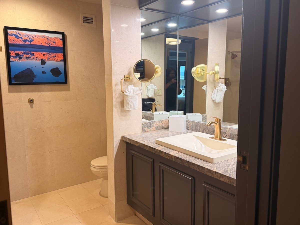 Bathroom vanity in a Tower Premier King Room at Luxor