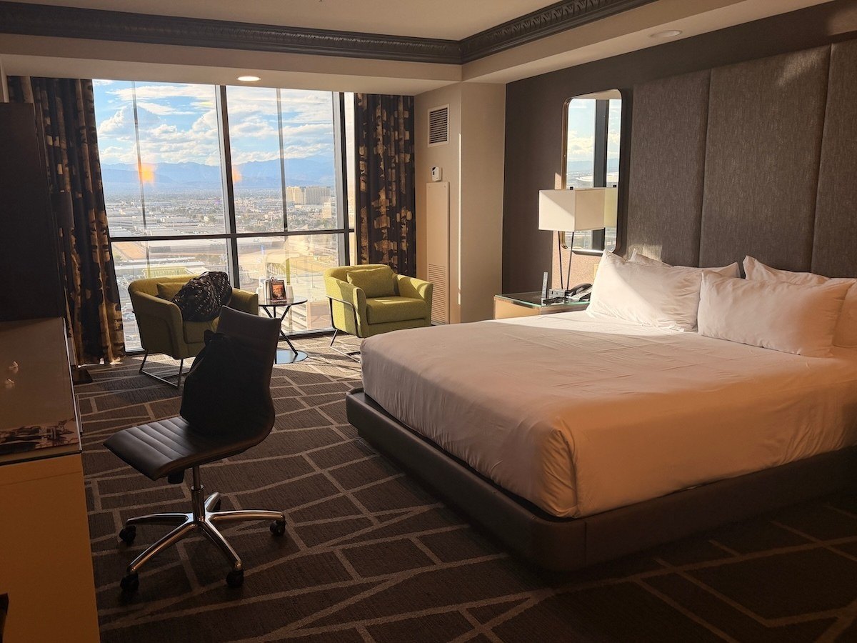 King bed and mountain view in a Tower Premier King Room at Luxor